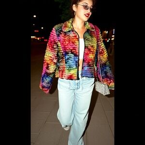 Lorizoni Popcorn Crinkle Silk Jacket L Colorful Tie-Dye Zip - Size L‎